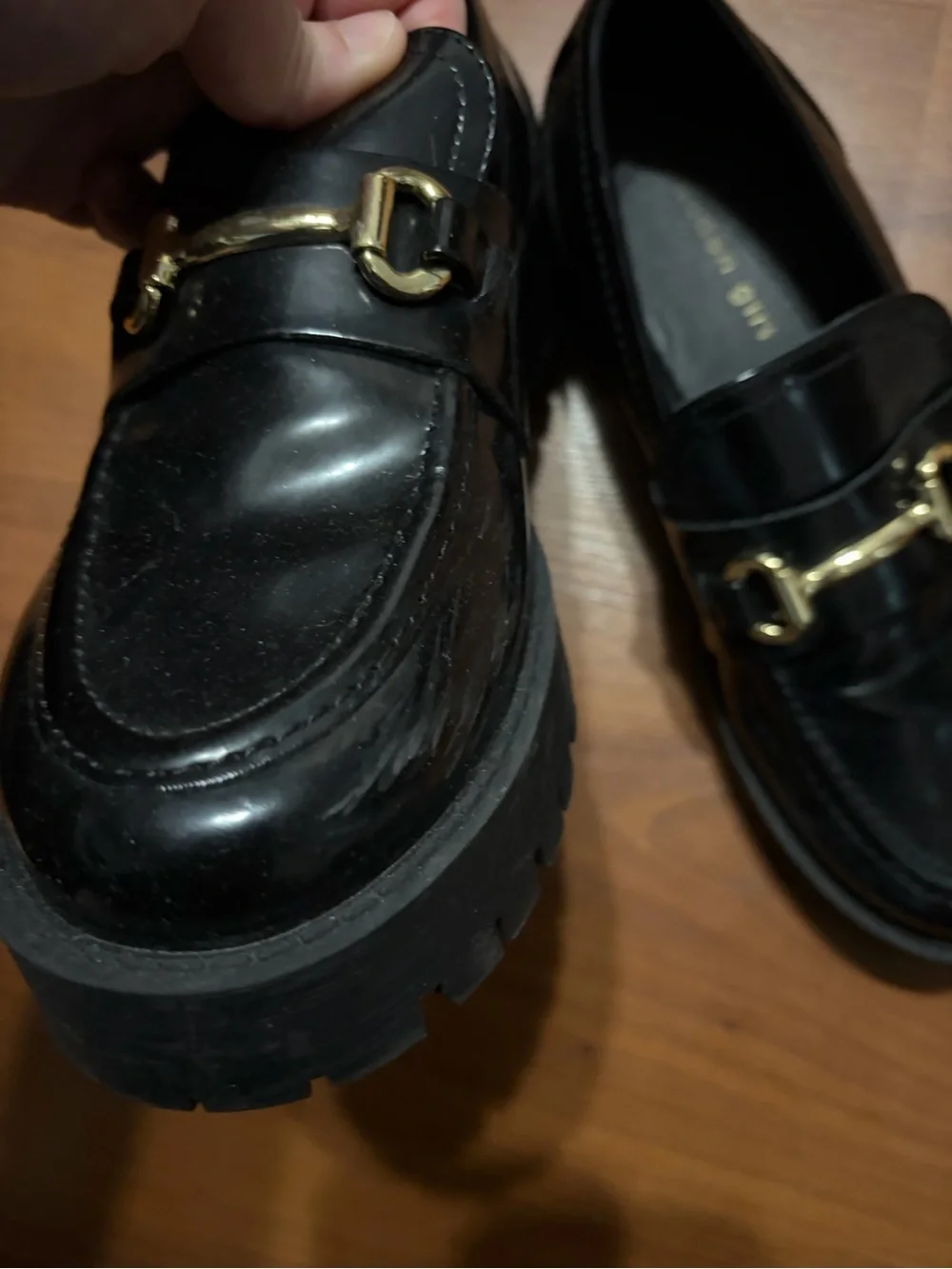 Madden Girl Black Patent Loafers with Gold Bit Detail